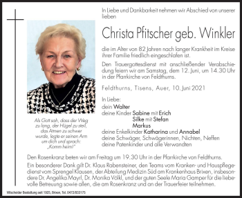 Traueranzeige von Christa Pfitscher von Dolomiten