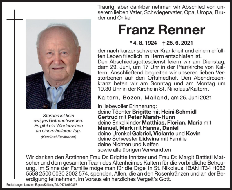  Traueranzeige für Franz Renner vom 26.06.2021 aus Dolomiten