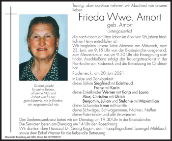 Traueranzeige von Frieda Amort von Dolomiten