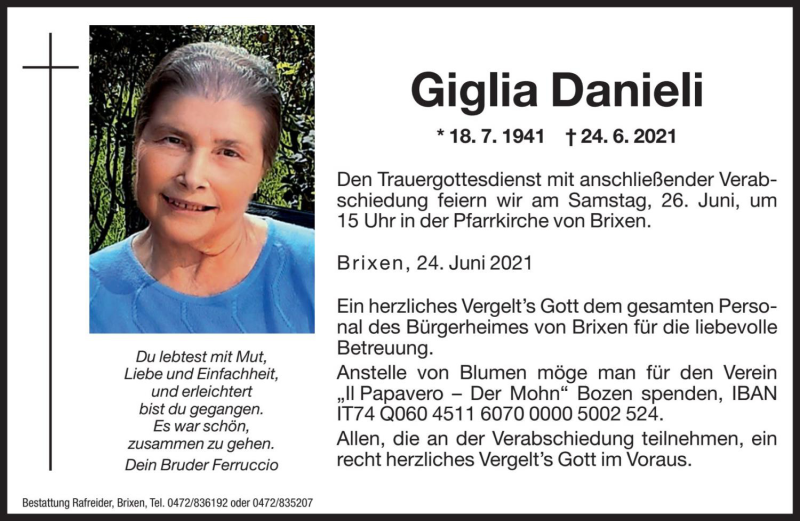  Traueranzeige für Giglia Danieli vom 25.06.2021 aus Dolomiten