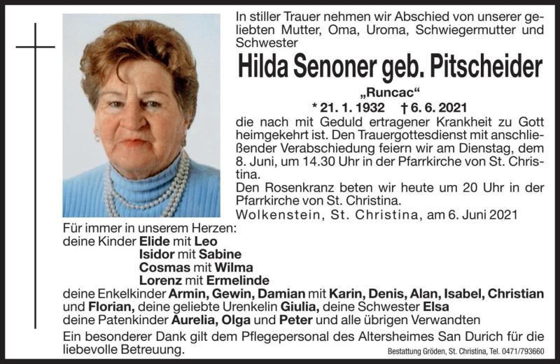 Traueranzeige für Hilda Senoner vom 07.06.2021 aus Dolomiten