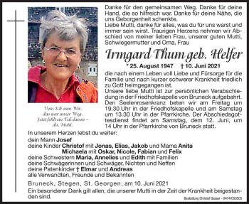 Traueranzeige von Irmgard Thum von Dolomiten