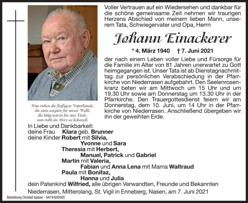  Traueranzeige für Johann Einackerer vom 09.06.2021 aus Dolomiten