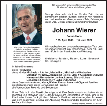 Traueranzeige von Johann Wierer von Dolomiten
