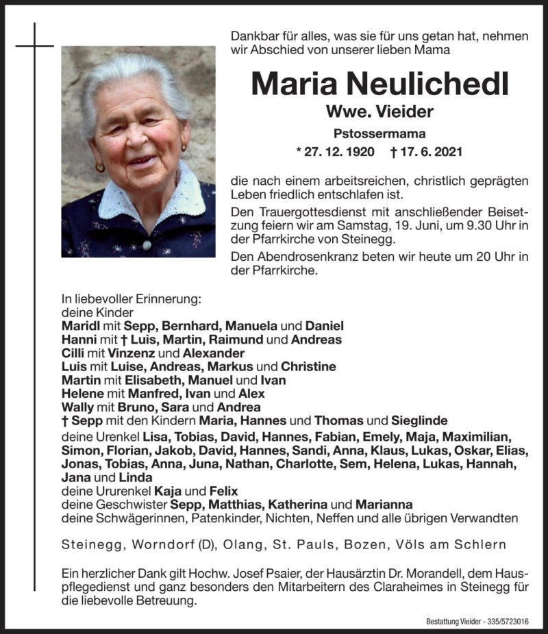  Traueranzeige für Maria Vieider vom 18.06.2021 aus Dolomiten