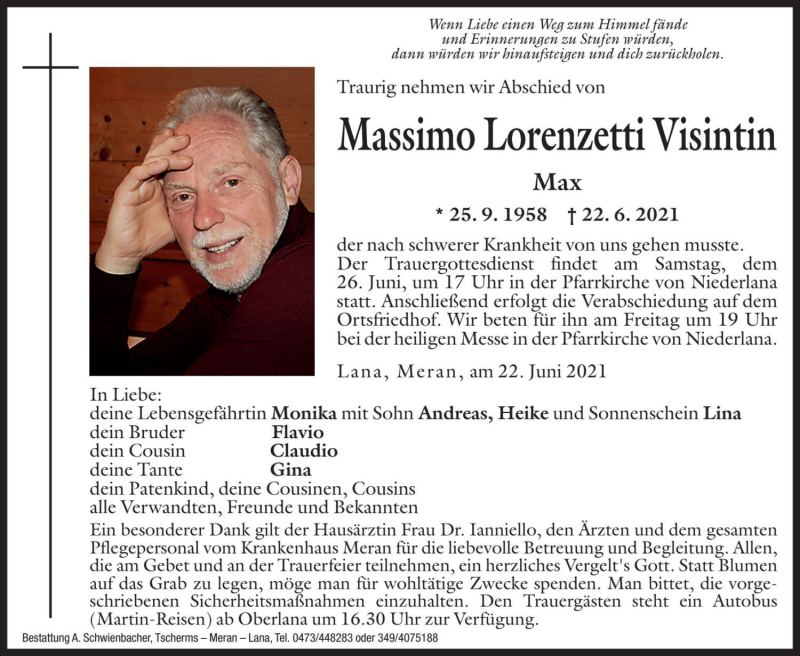  Traueranzeige für Massimo Lorenzetti Visintin vom 25.06.2021 aus Dolomiten