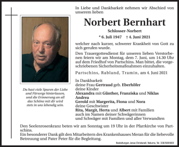 Traueranzeige von Norbert Bernhart von Dolomiten