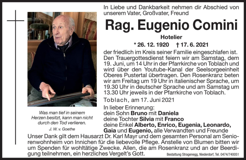  Traueranzeige für Rag. Eugenio Comini vom 18.06.2021 aus Dolomiten