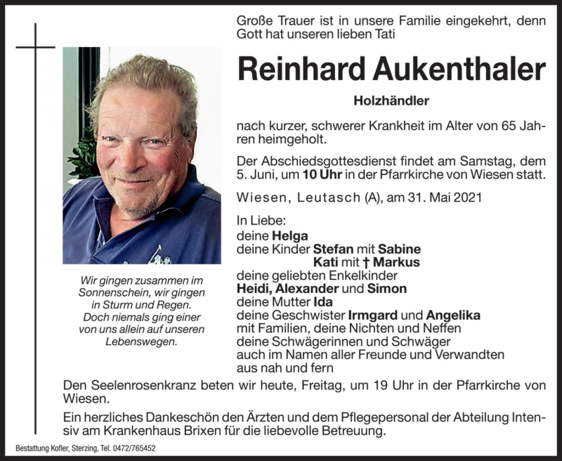  Traueranzeige für Reinhard Aukenthaler vom 04.06.2021 aus Dolomiten