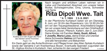 Traueranzeige von Rita Tait von Dolomiten