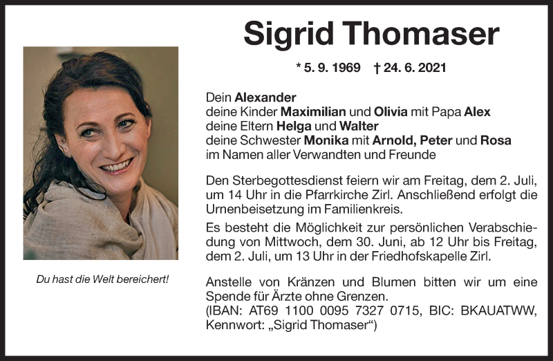  Traueranzeige für Sigrid Thomaser vom 26.06.2021 aus Dolomiten