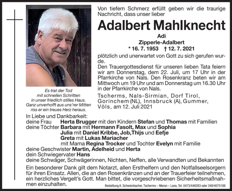  Traueranzeige für Adalbert Mahlknecht vom 20.07.2021 aus Dolomiten