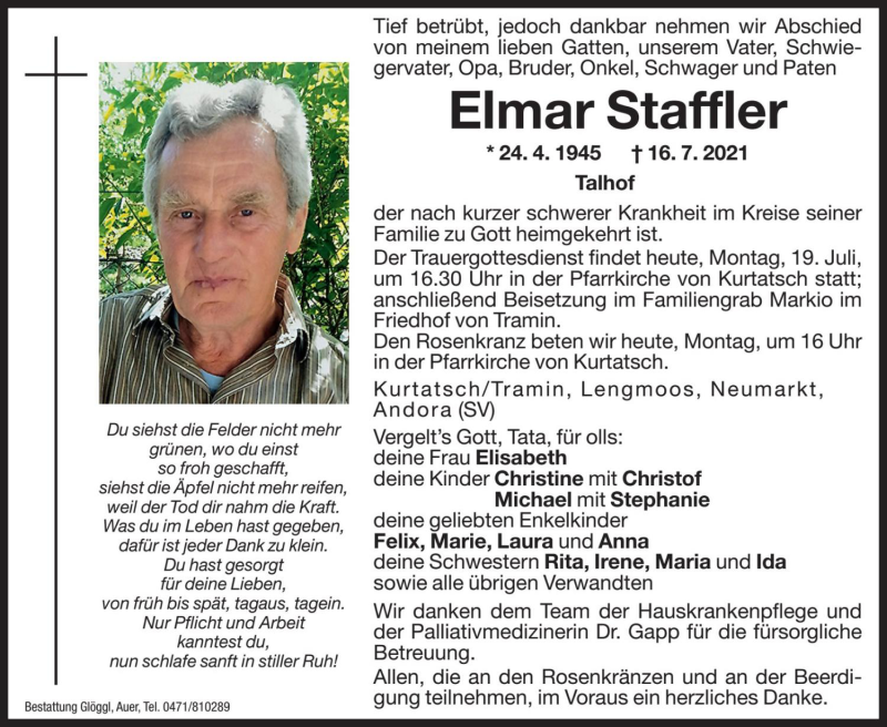  Traueranzeige für Elmar Staffler vom 19.07.2021 aus Dolomiten