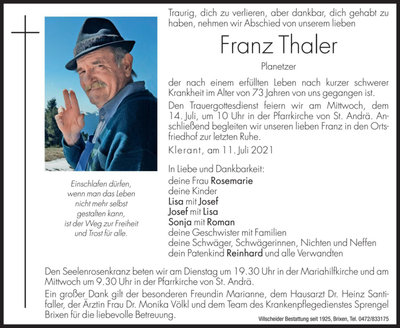  Traueranzeige für Franz Thaler vom 13.07.2021 aus Dolomiten