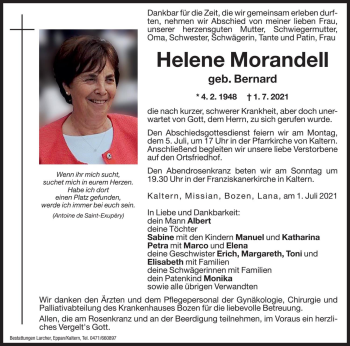 Traueranzeige von Helene Morandell von Dolomiten