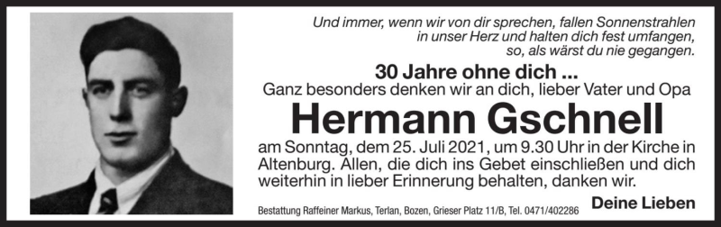  Traueranzeige für Hermann Gschnell vom 23.07.2021 aus Dolomiten