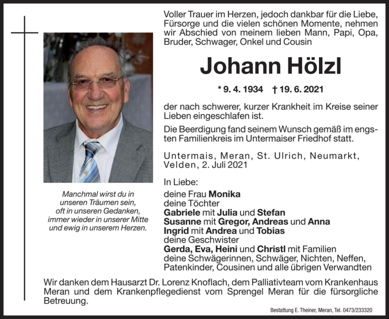  Traueranzeige für Johann Hölzl vom 02.07.2021 aus Dolomiten