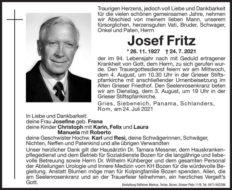  Traueranzeige für Josef Fritz vom 30.07.2021 aus Dolomiten