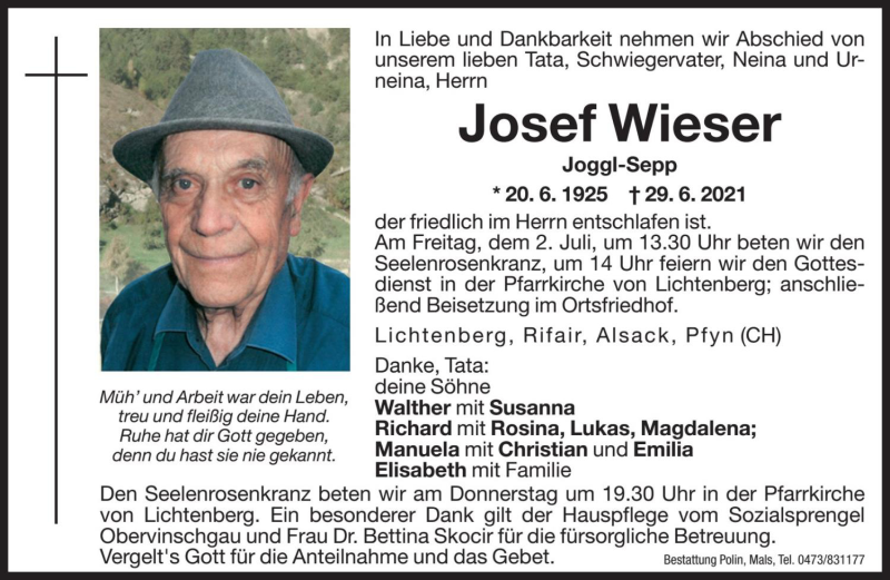  Traueranzeige für Josef Wieser vom 01.07.2021 aus Dolomiten