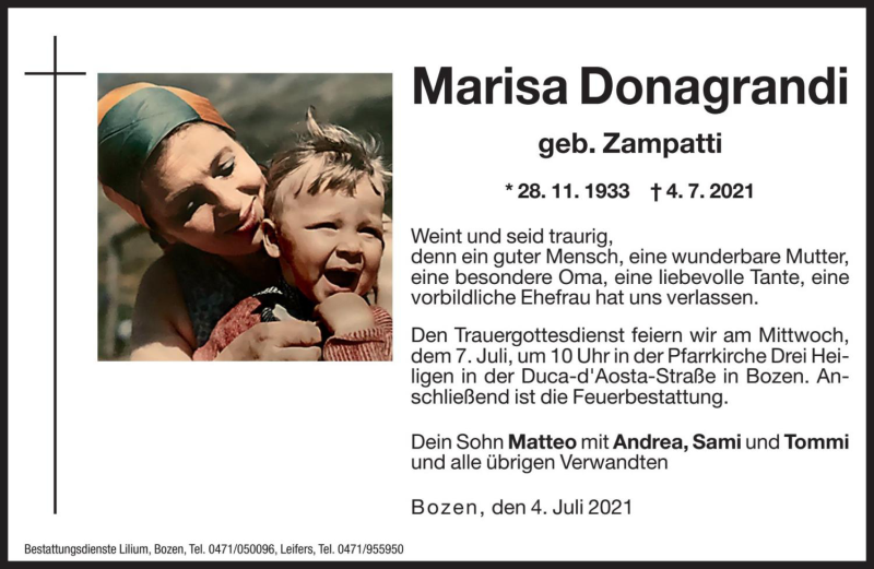  Traueranzeige für Marisa Donagrandi vom 06.07.2021 aus Dolomiten