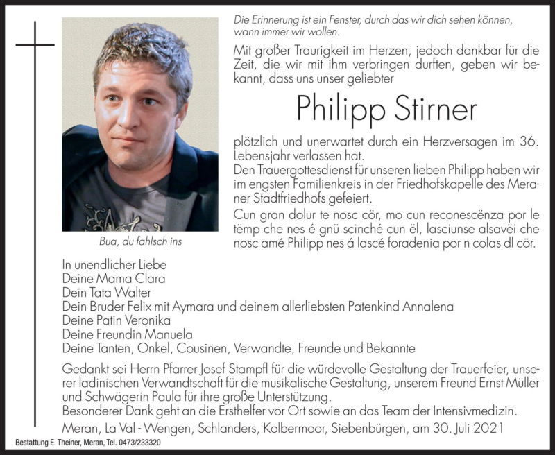  Traueranzeige für Philipp Stirner vom 31.07.2021 aus Dolomiten