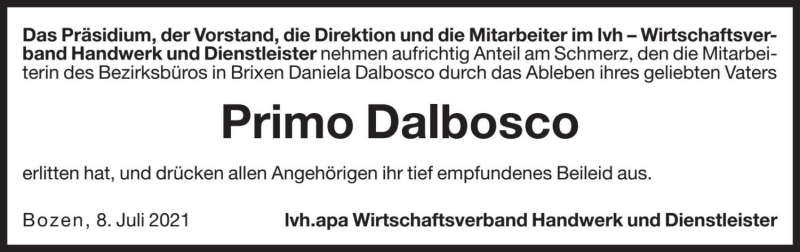  Traueranzeige für Primo Dalbosco vom 08.07.2021 aus Dolomiten