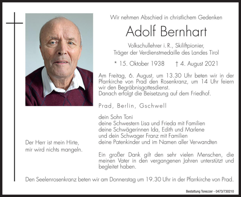  Traueranzeige für Adolf Bernhart vom 05.08.2021 aus Dolomiten