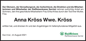 Traueranzeige von Anna Kröss von Dolomiten