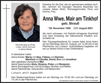 Traueranzeige von Anna Mair am Tinkhof von Dolomiten