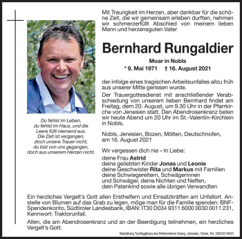 Traueranzeige von Bernhard Rungaldier von Dolomiten