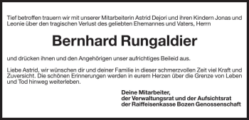 Traueranzeige von Bernhard Rungaldier von Dolomiten