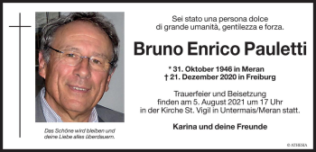 Traueranzeige von Bruno Enrico Pauletti von Dolomiten