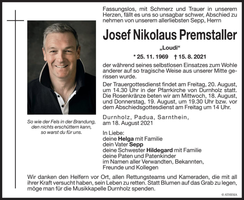  Traueranzeige für Josef Nikolaus Premstaller vom 18.08.2021 aus Dolomiten