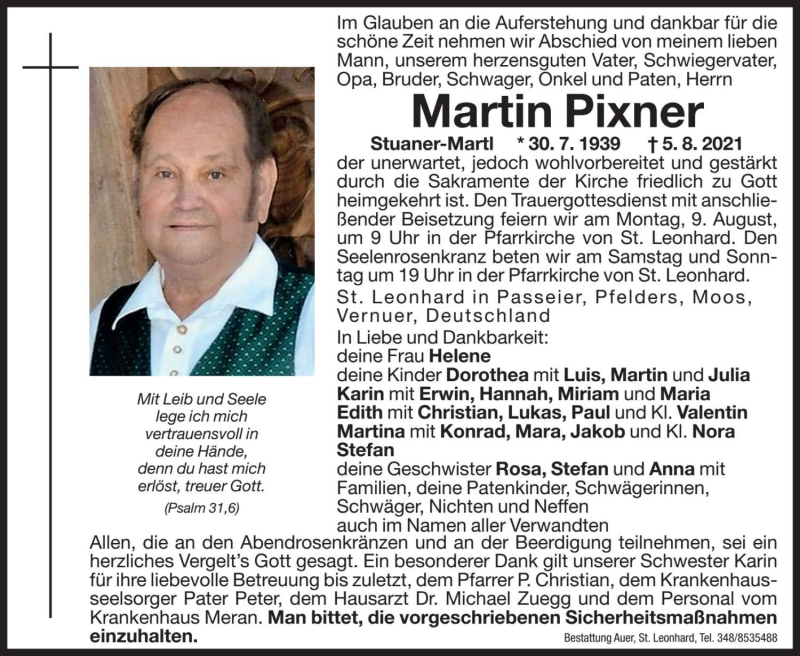  Traueranzeige für Martin Pixner vom 06.08.2021 aus Dolomiten