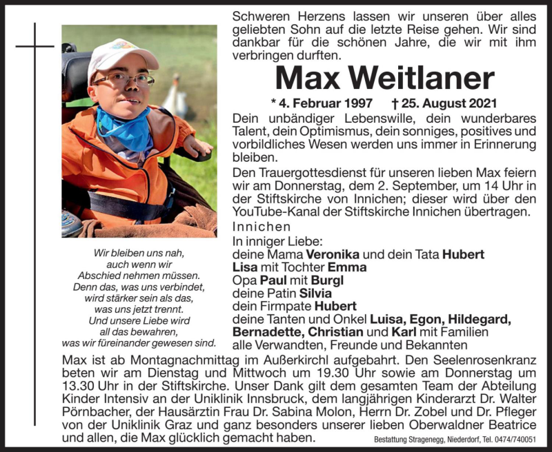  Traueranzeige für Max Weitlaner vom 30.08.2021 aus Dolomiten