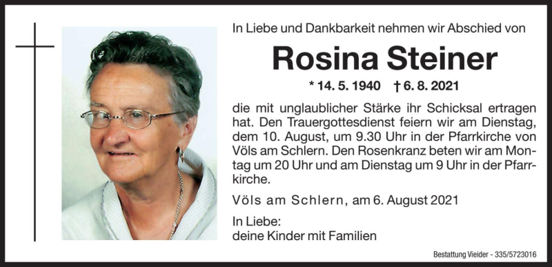  Traueranzeige für Rosina Steiner vom 07.08.2021 aus Dolomiten