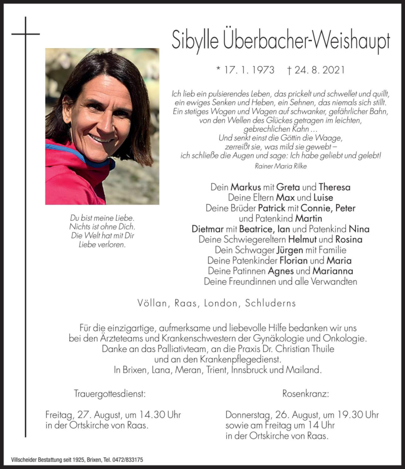  Traueranzeige für Sibylle Überbacher-Weishaupt vom 26.08.2021 aus Dolomiten