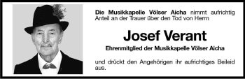 Traueranzeige von Josef Verant von Dolomiten