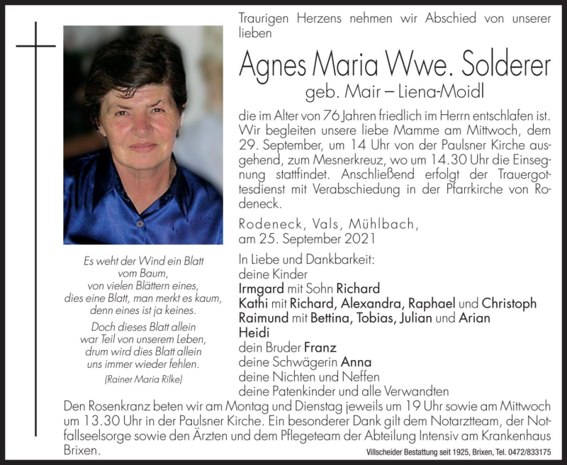  Traueranzeige für Agnes Maria Solderer vom 27.09.2021 aus Dolomiten