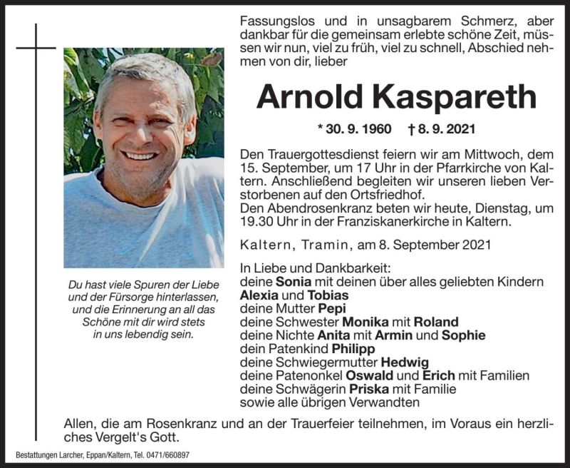  Traueranzeige für Arnold Kaspareth vom 14.09.2021 aus Dolomiten
