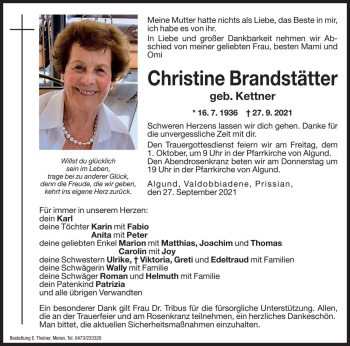 Traueranzeige von Christine Brandstätter von Dolomiten