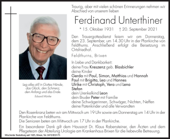 Traueranzeige von Ferdinand Unterthiner von Dolomiten