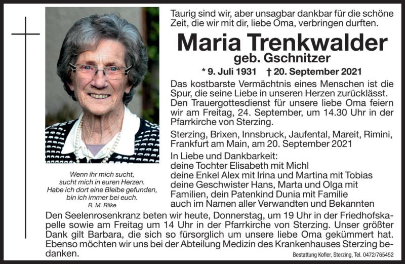  Traueranzeige für Maria Trenkwalder vom 23.09.2021 aus Dolomiten