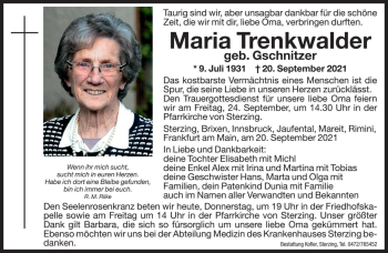 Traueranzeige von Maria Trenkwalder von Dolomiten