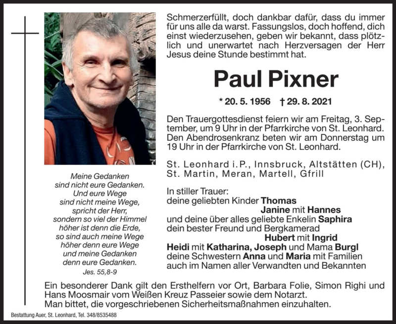  Traueranzeige für Paul Pixner vom 01.09.2021 aus Dolomiten