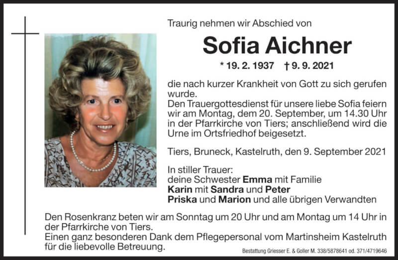  Traueranzeige für Sofia Aichner vom 18.09.2021 aus Dolomiten