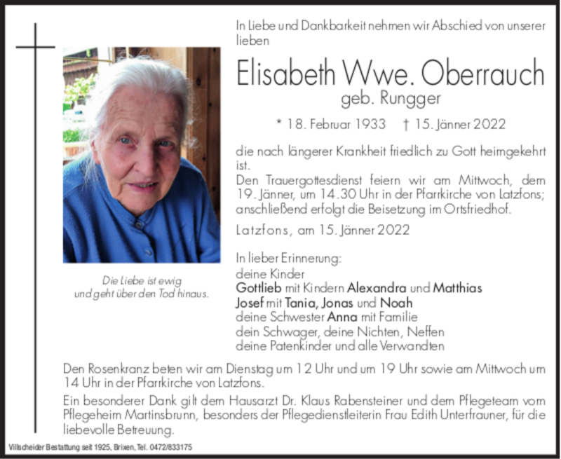  Traueranzeige für Elisabeth Oberrauch vom 18.01.2022 aus Dolomiten