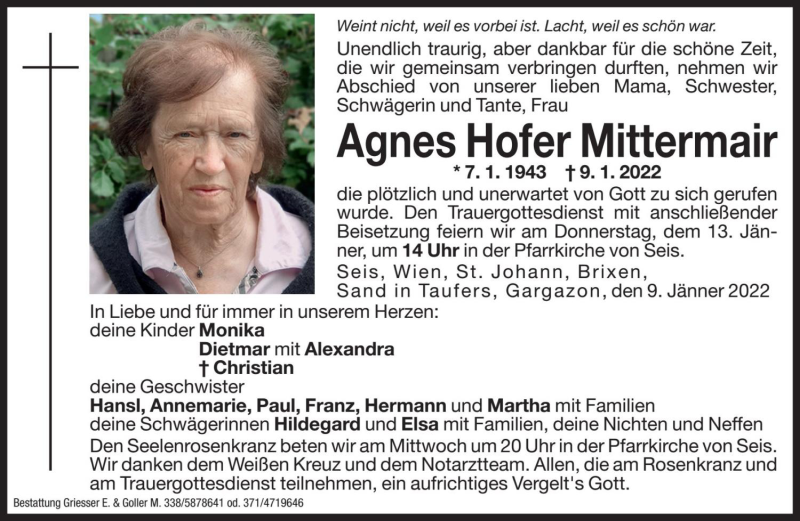  Traueranzeige für Agnes Hofer Mittermair vom 12.01.2022 aus Dolomiten