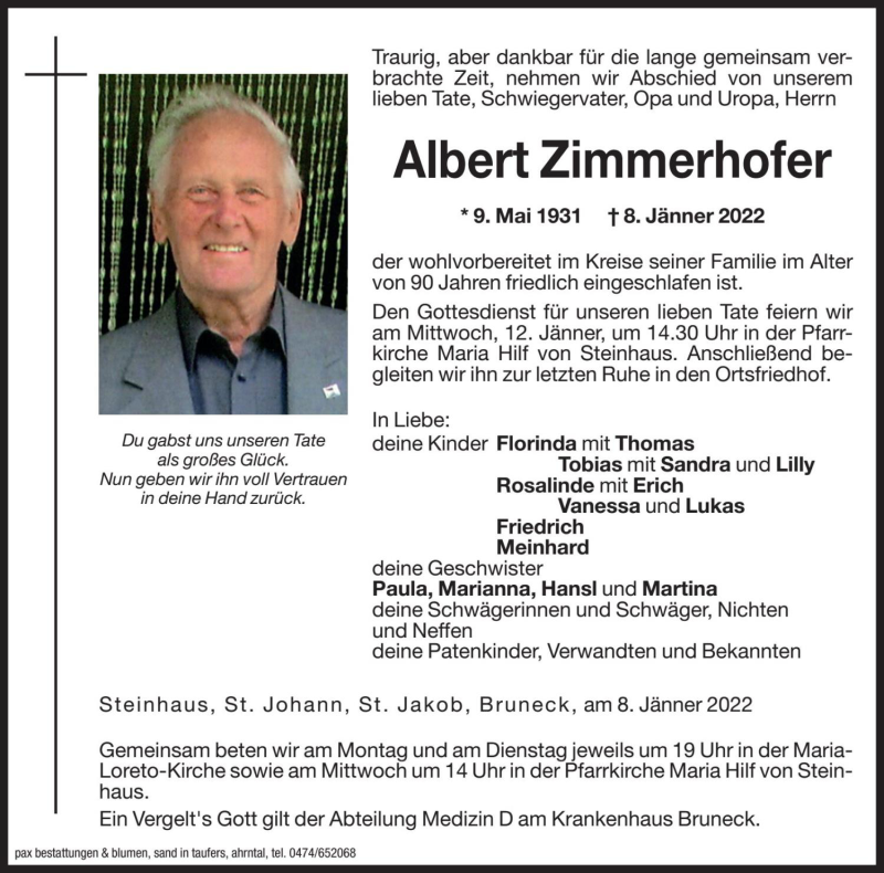  Traueranzeige für Albert Zimmerhofer vom 10.01.2022 aus Dolomiten