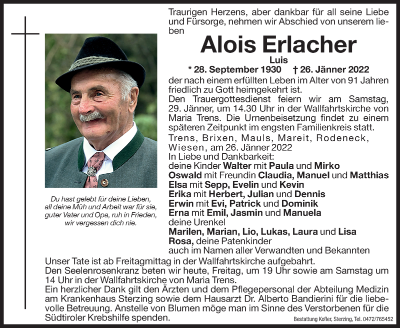  Traueranzeige für Alois Erlacher vom 28.01.2022 aus Dolomiten